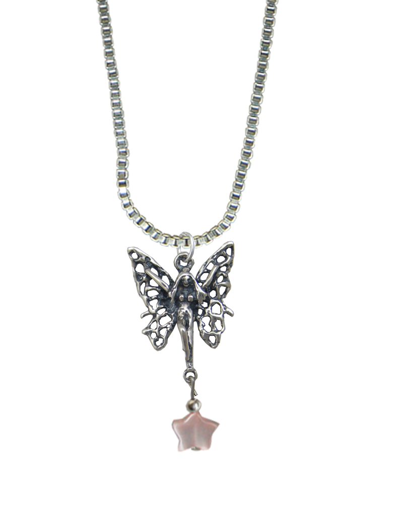 Sterling Silver Filigree Happy Butterfly Fairy Pendant With Lucky Pink Star